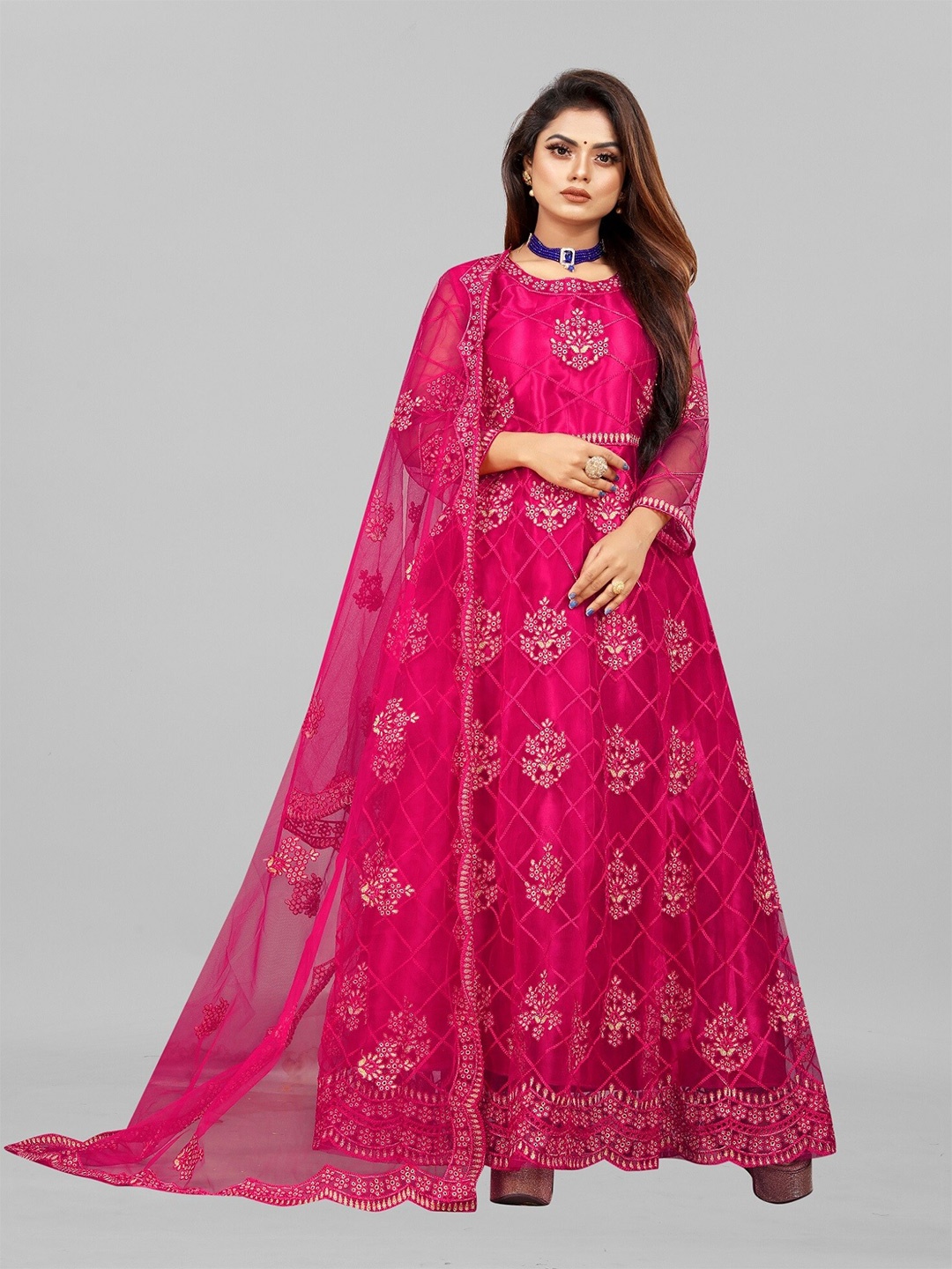 

APNISHA Ethnic Motifs Embroidered Gown with Dupatta, Pink