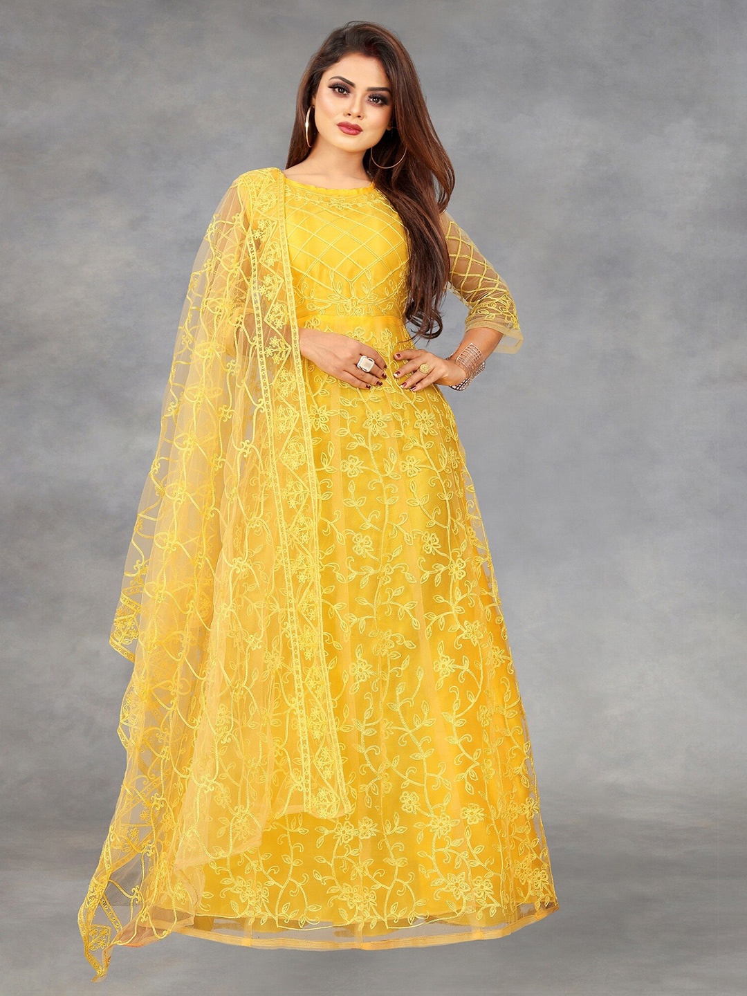 

APNISHA Self Design Net Maxi Ethnic Dress With Dupatta, Yellow