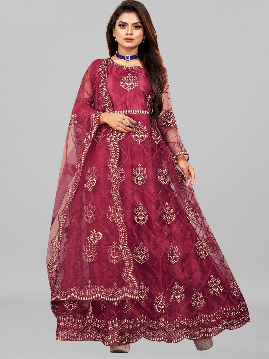

APNISHA Embroidered Net Maxi Ethnic Dress With Dupatta, Maroon