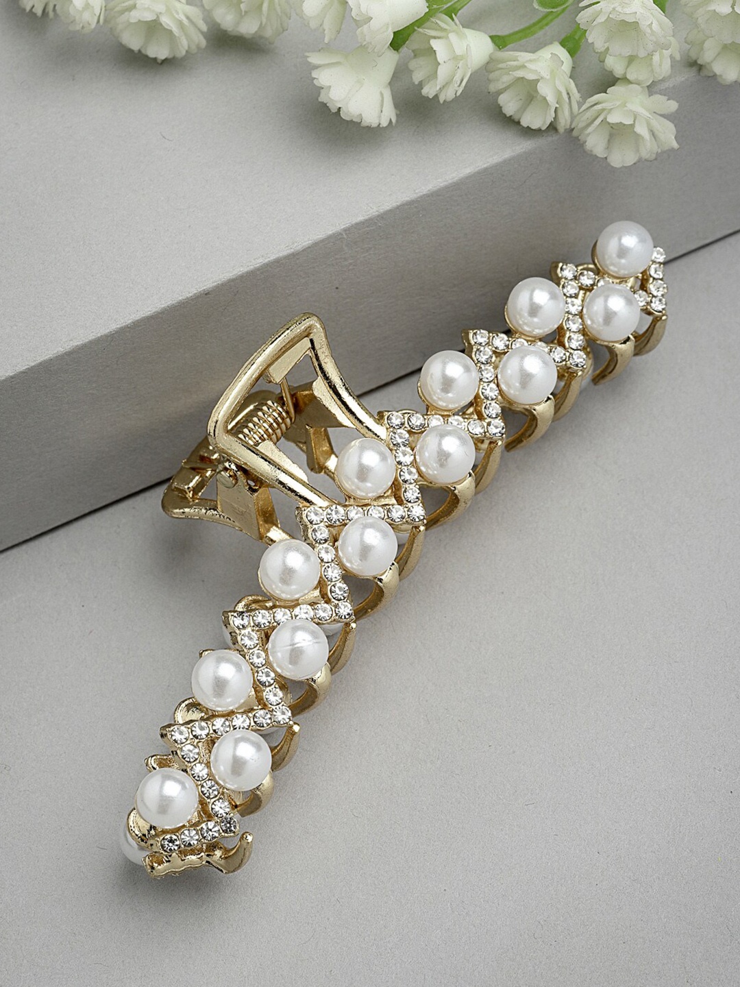 

PANASH Gold-Plated Pearl & AD Stone Embellished Handcrafted Claw Clip, White