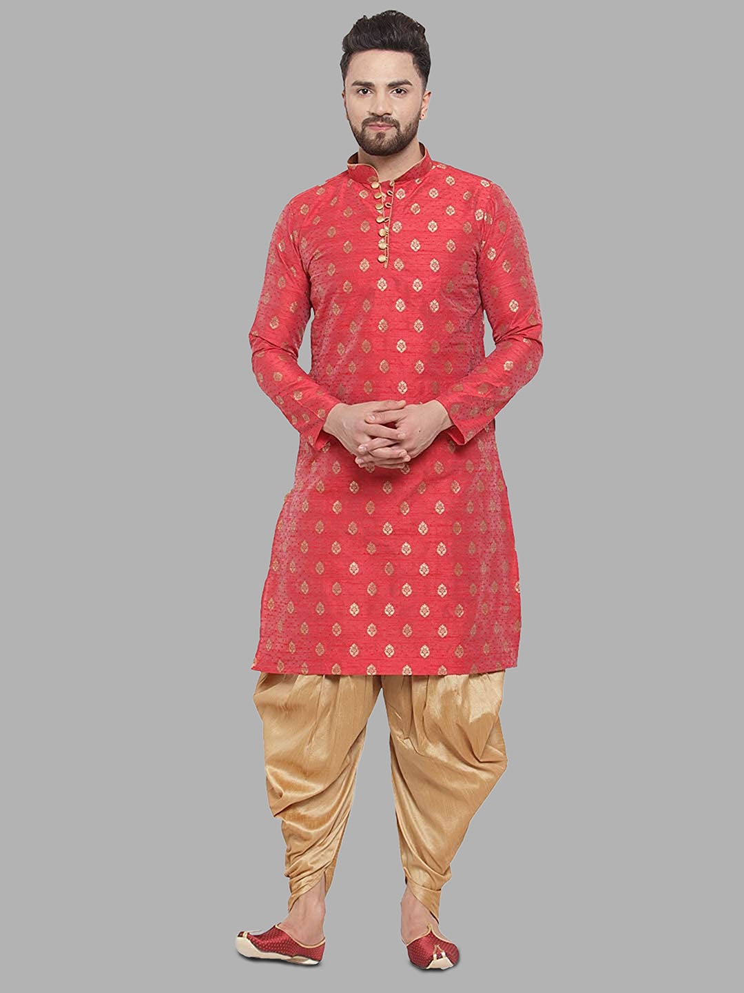 

ROYAL KURTA Men Ethnic Motif Printed Mandarin Collar Kurta with Dhoti Pants, Maroon