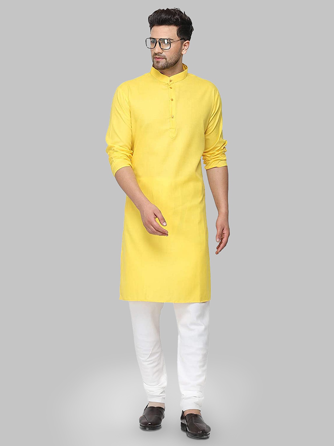 

ROYAL KURTA Men Mandarin Collar Pure Cotton Kurta with Churidar, Yellow