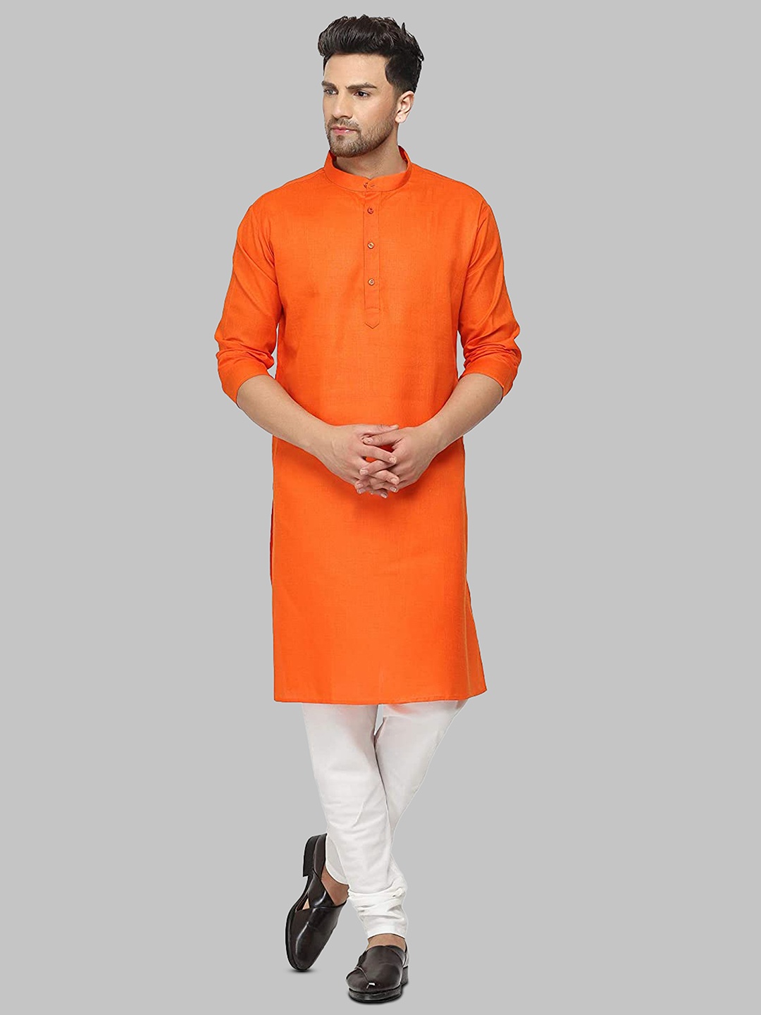 

ROYAL KURTA Men Band Collar Pure Cotton Kurta With Churidar, Orange