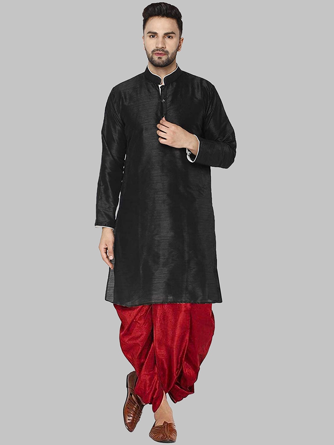 

ROYAL KURTA Men Mandarin Collar Kurta with Dhoti Pants, Black