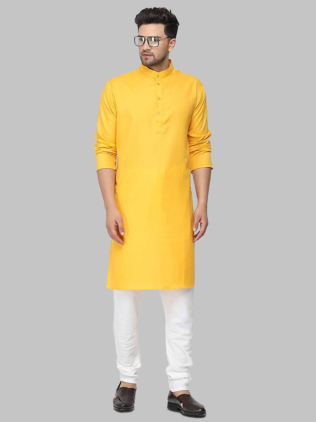 

ROYAL KURTA Men Pure Cotton Straight Kurta with Churidar, Yellow