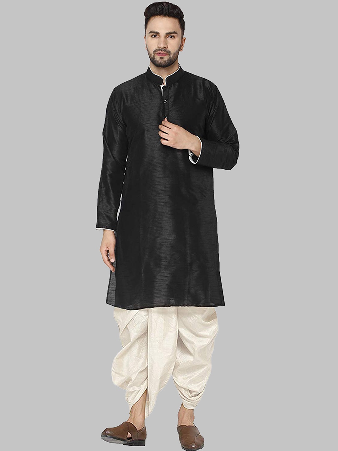 

ROYAL KURTA Men Mandarin Collar Kurta with Dhoti Pants, Black