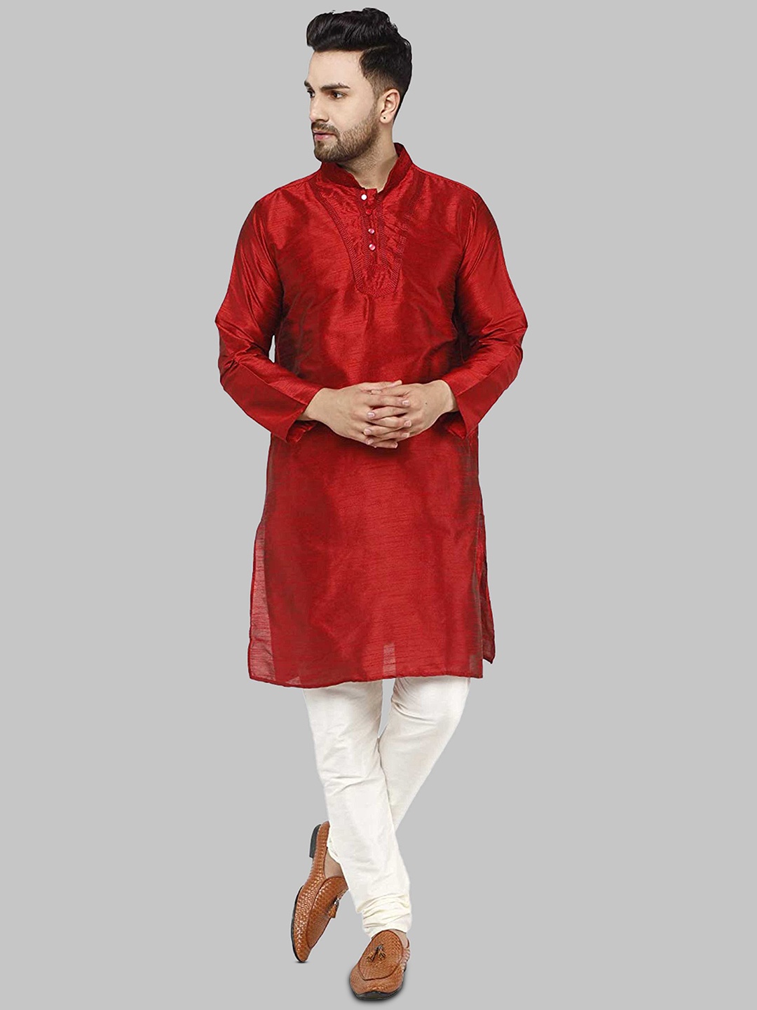 

ROYAL KURTA Men Thread Work Straight Kurta with Churidar, Maroon
