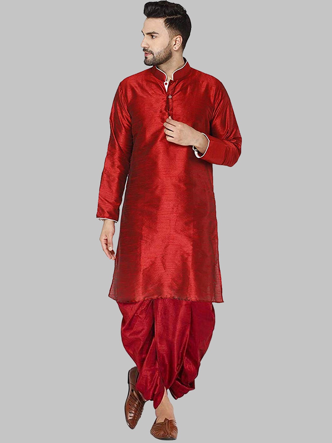 

ROYAL KURTA Men Mandarin Collar Kurta with Dhoti Pants, Maroon