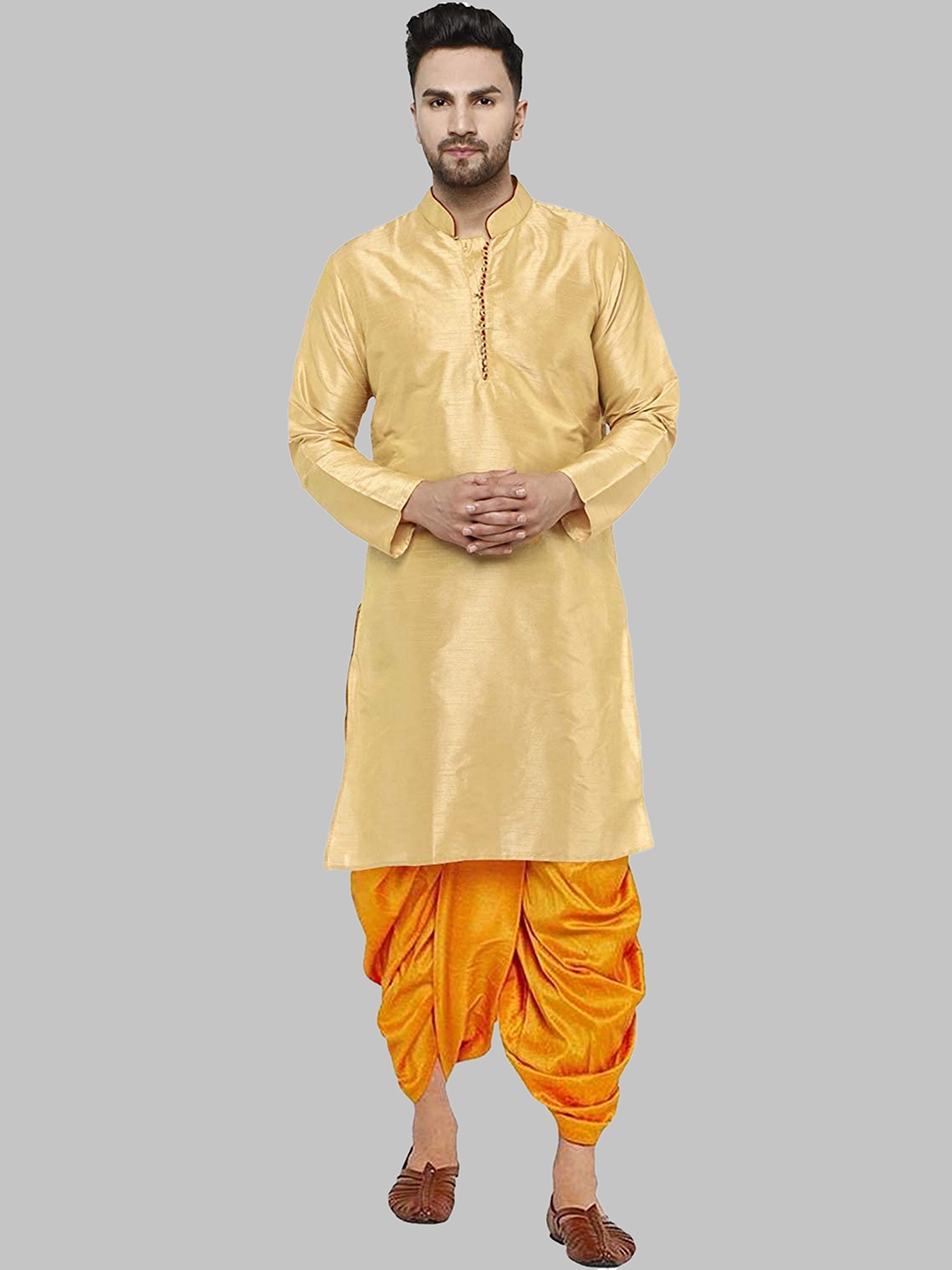 

ROYAL KURTA Men Mandarin Collar Kurta with Dhoti Pants, Gold