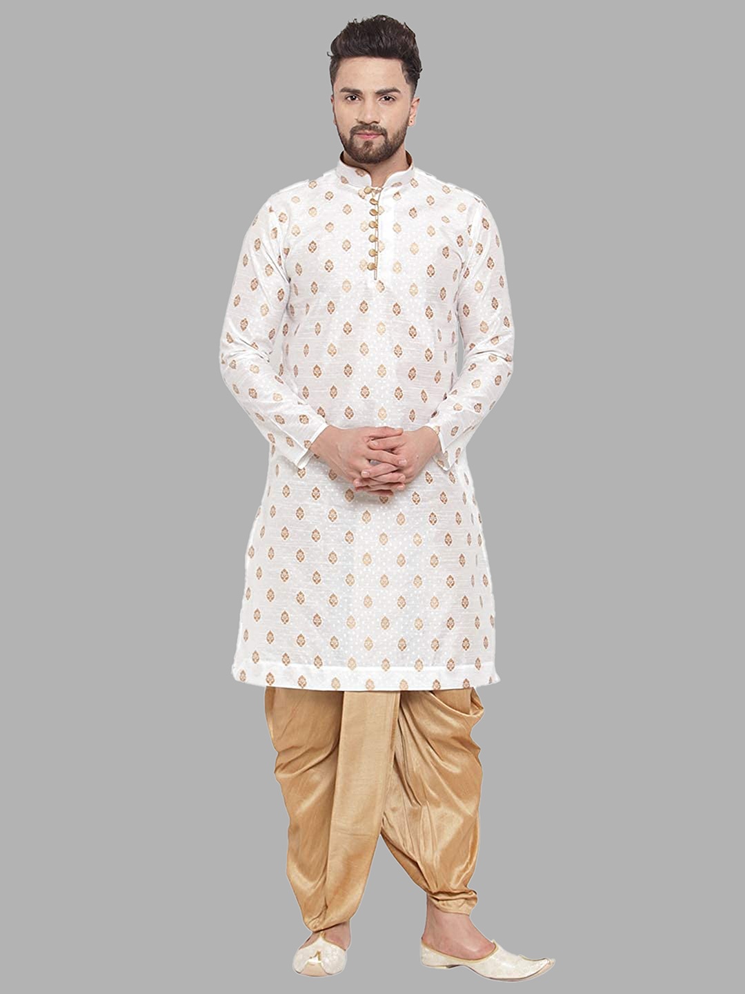 

ROYAL KURTA Men Ethnic Motif Printed Mandarin Collar Kurta with Dhoti Pants, White