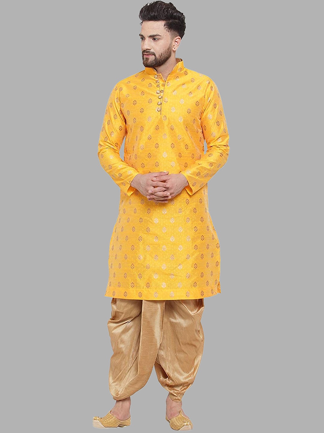 

ROYAL KURTA Men Ethnic Motif Printed Mandarin Collar Kurta with Dhoti Pants, Yellow