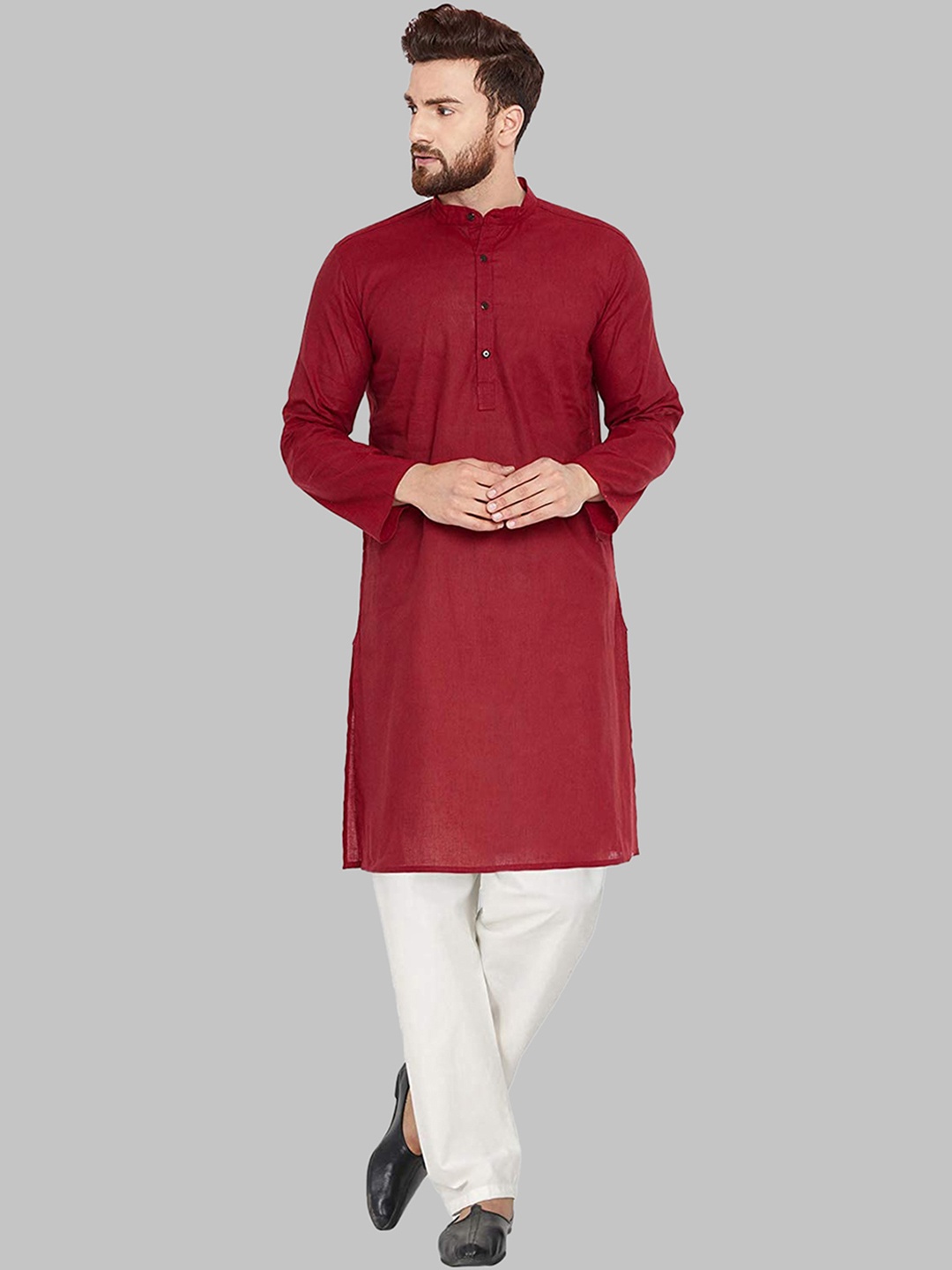 

ROYAL KURTA Men Mandarin Collar Pure Cotton Kurta with Pyjamas, Maroon
