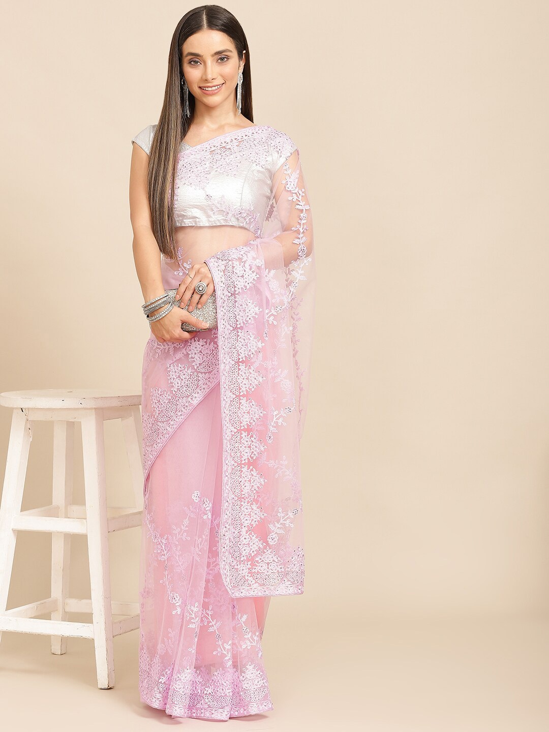 

Mitera Embellished Beads and Stones Mangalagiri Saree, Pink