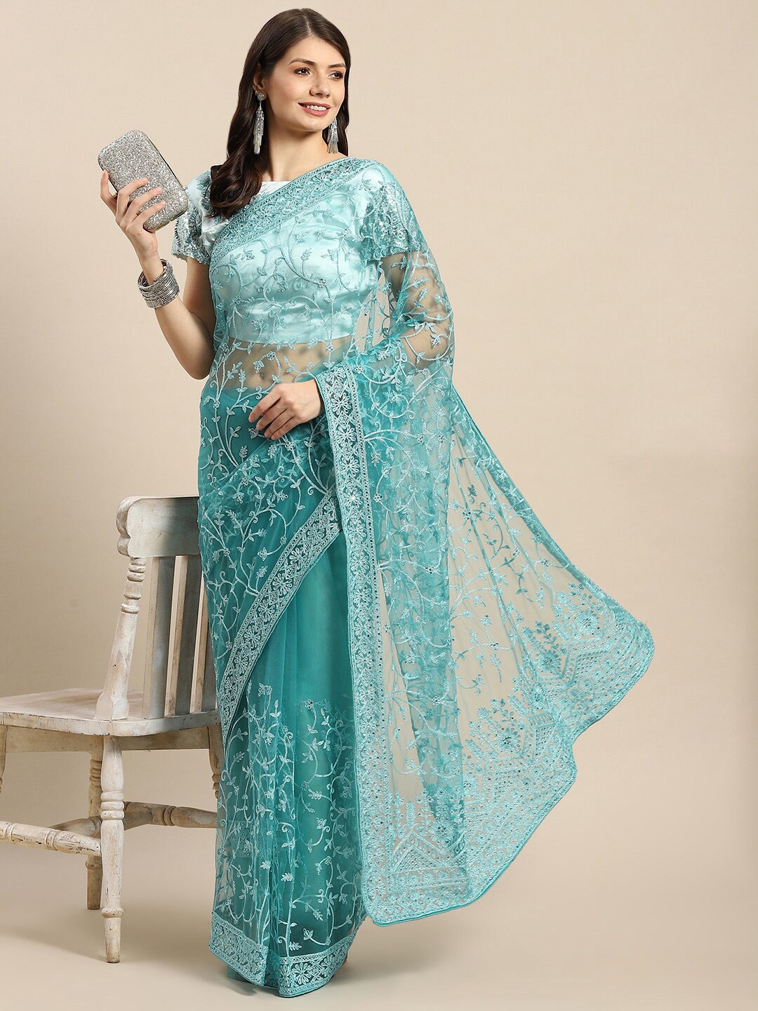 

Mitera Floral Beads and Stones Net Mangalagiri Saree, Blue