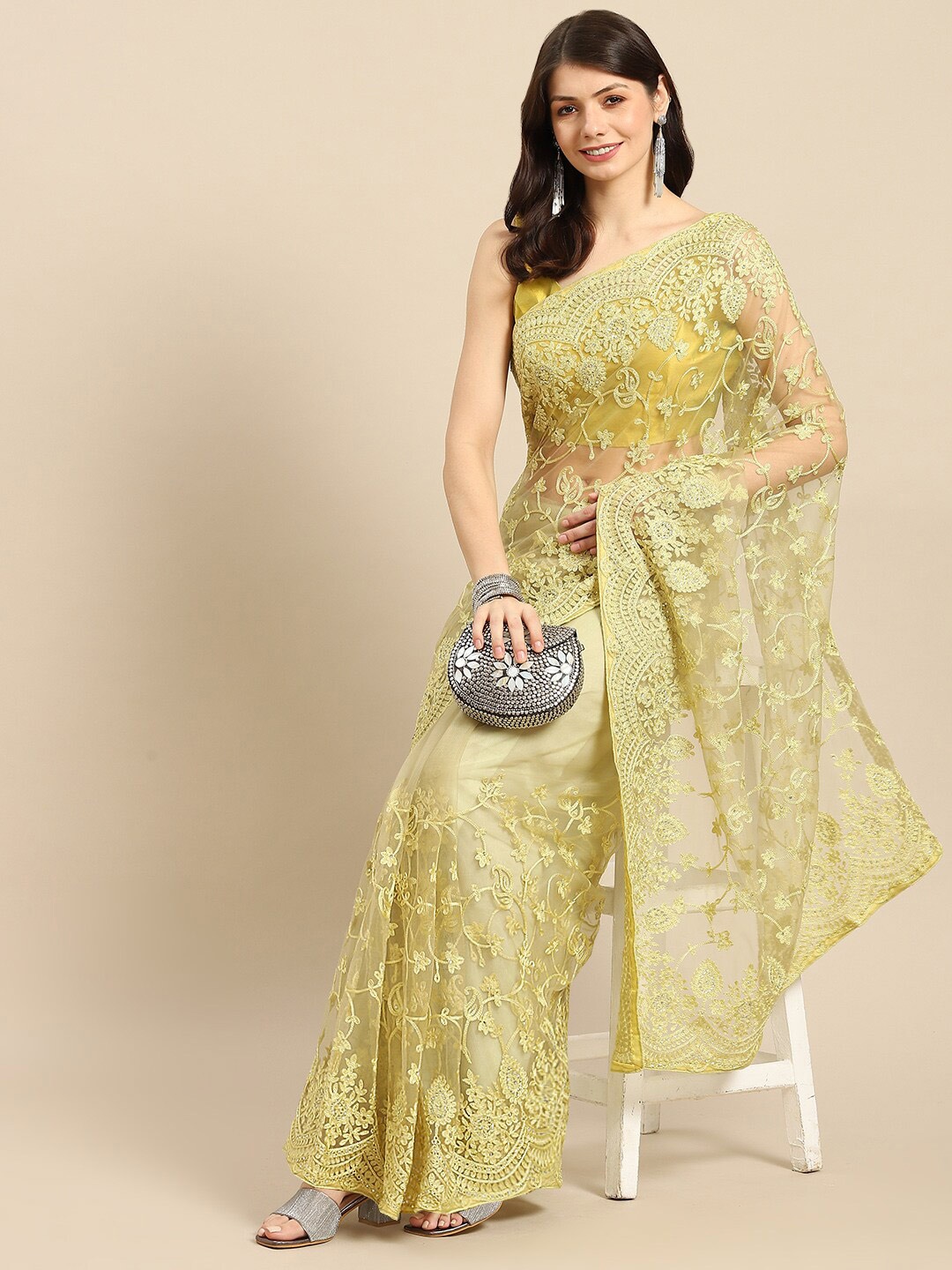 

Mitera Floral Embroidered Net Mangalagiri Saree, Green