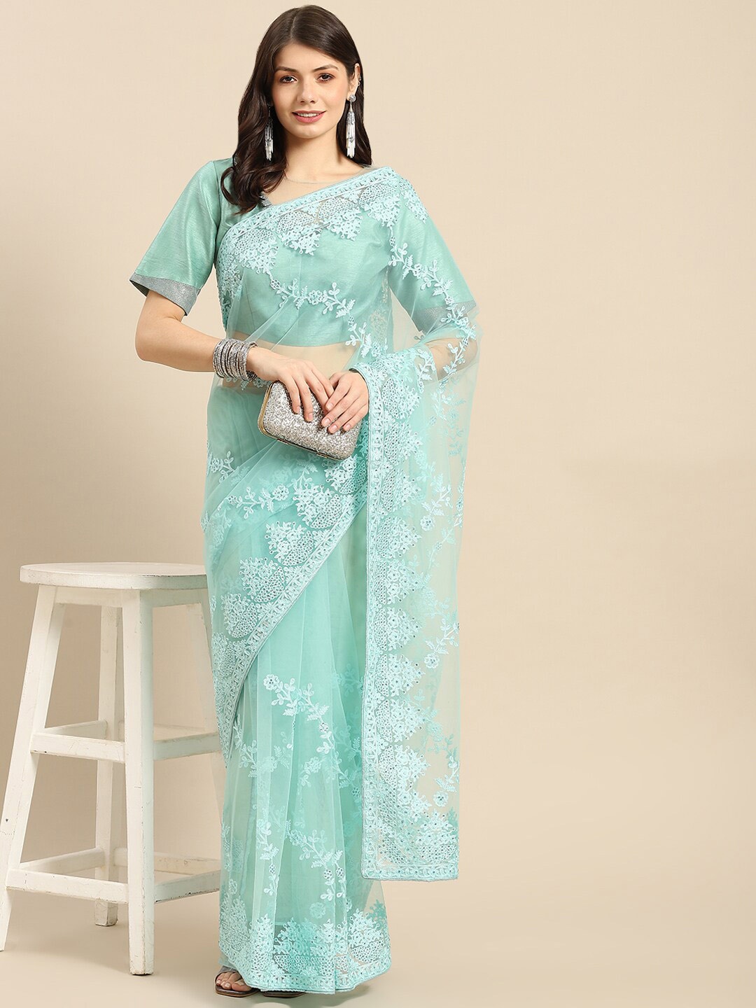 

Mitera Embellished Beads and Stones Net Mangalagiri Saree, Lime green