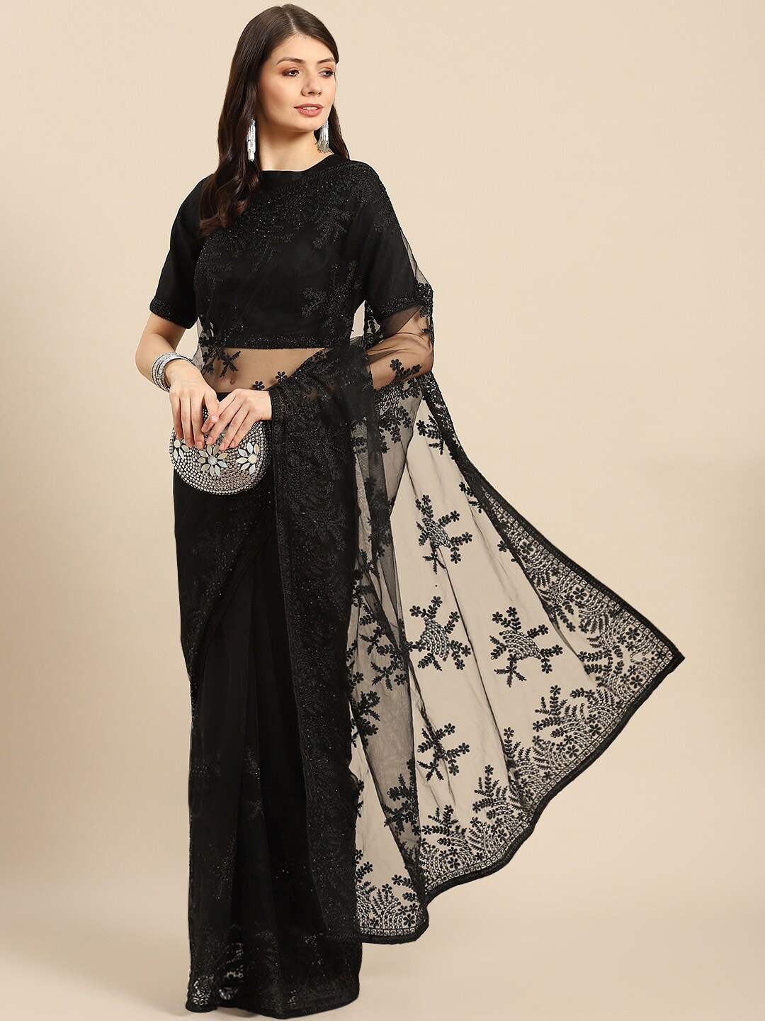 

Mitera Black Embroidered And Embellished Net Mangalagiri Saree