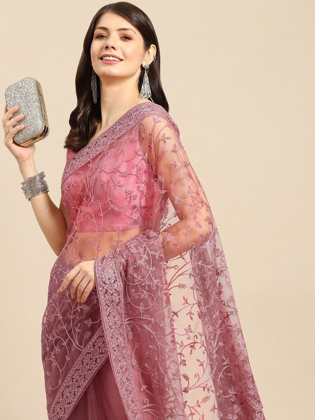 

Mitera Embellished Beads and Stones Net Mangalagiri Saree, Pink