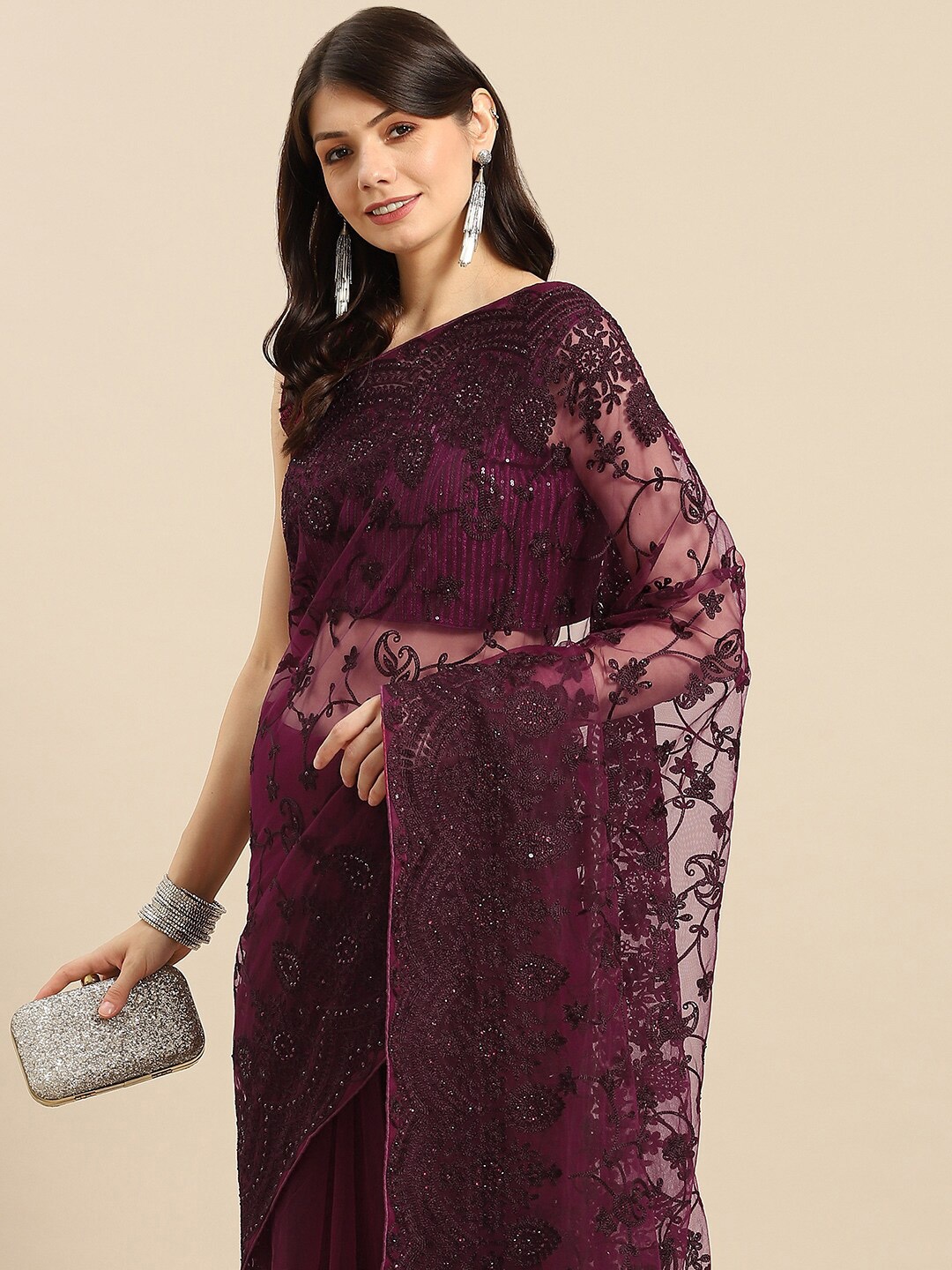 

Mitera Floral Embroidered Net Mangalagiri Saree, Burgundy