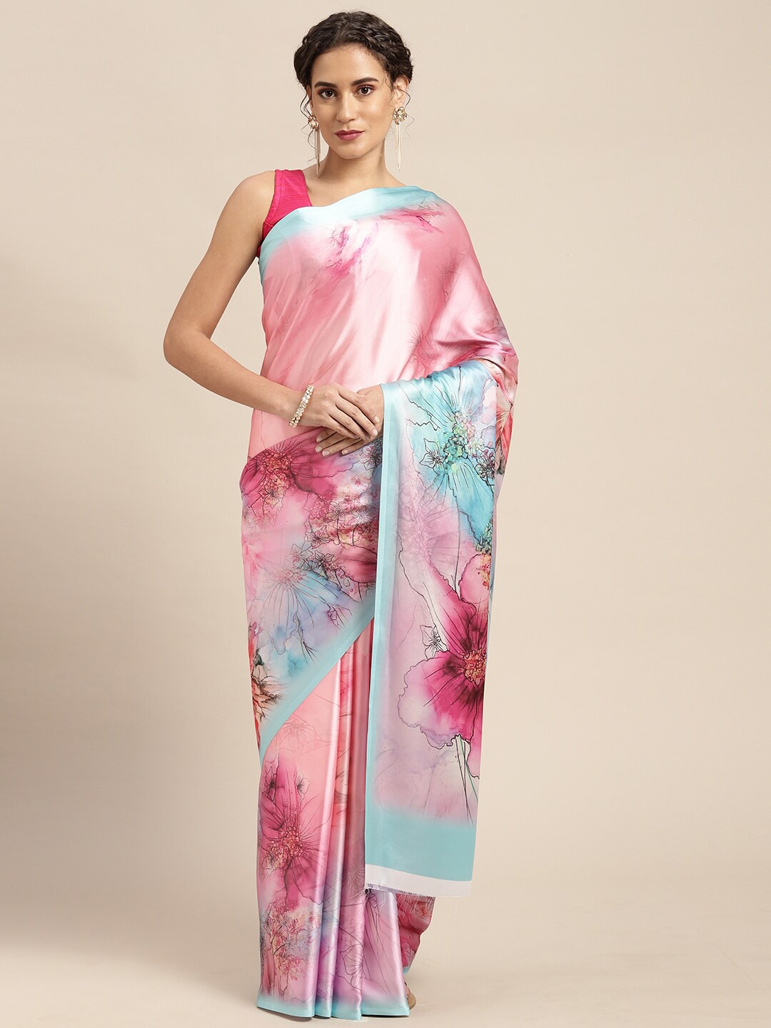 

Mitera Floral Printed Banarasi Saree, Pink