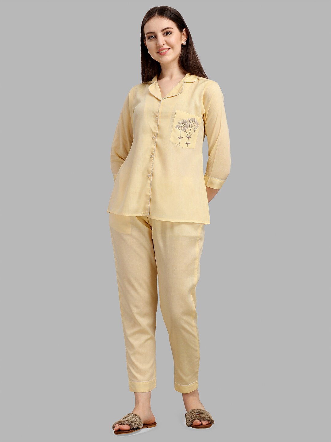 

NH KAPDEWALA Women 2 Pieces Pure Cotton Night Suit, Yellow