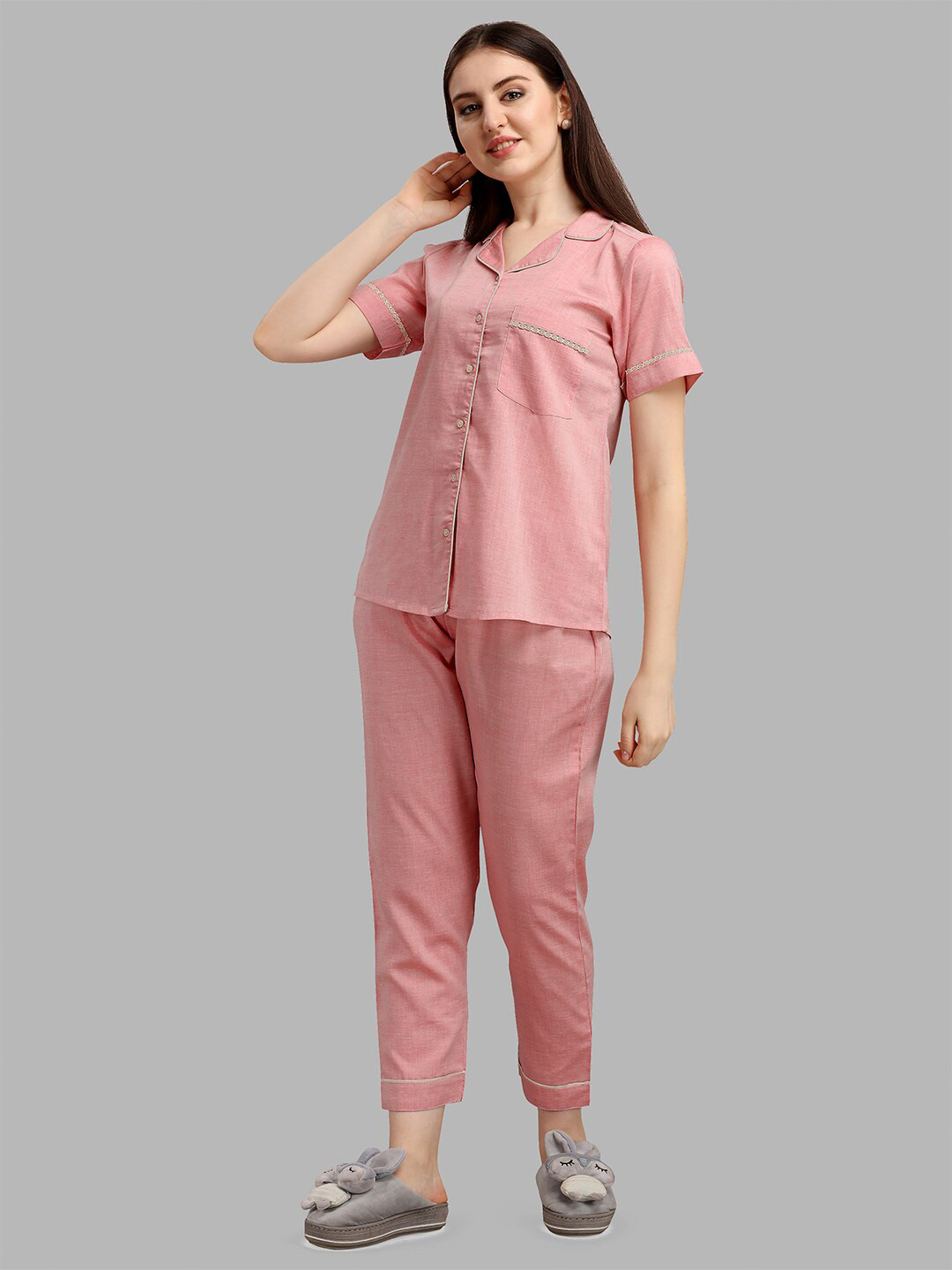 

NH KAPDEWALA Women 2 Pieces Pure Cotton Night Suit, Pink