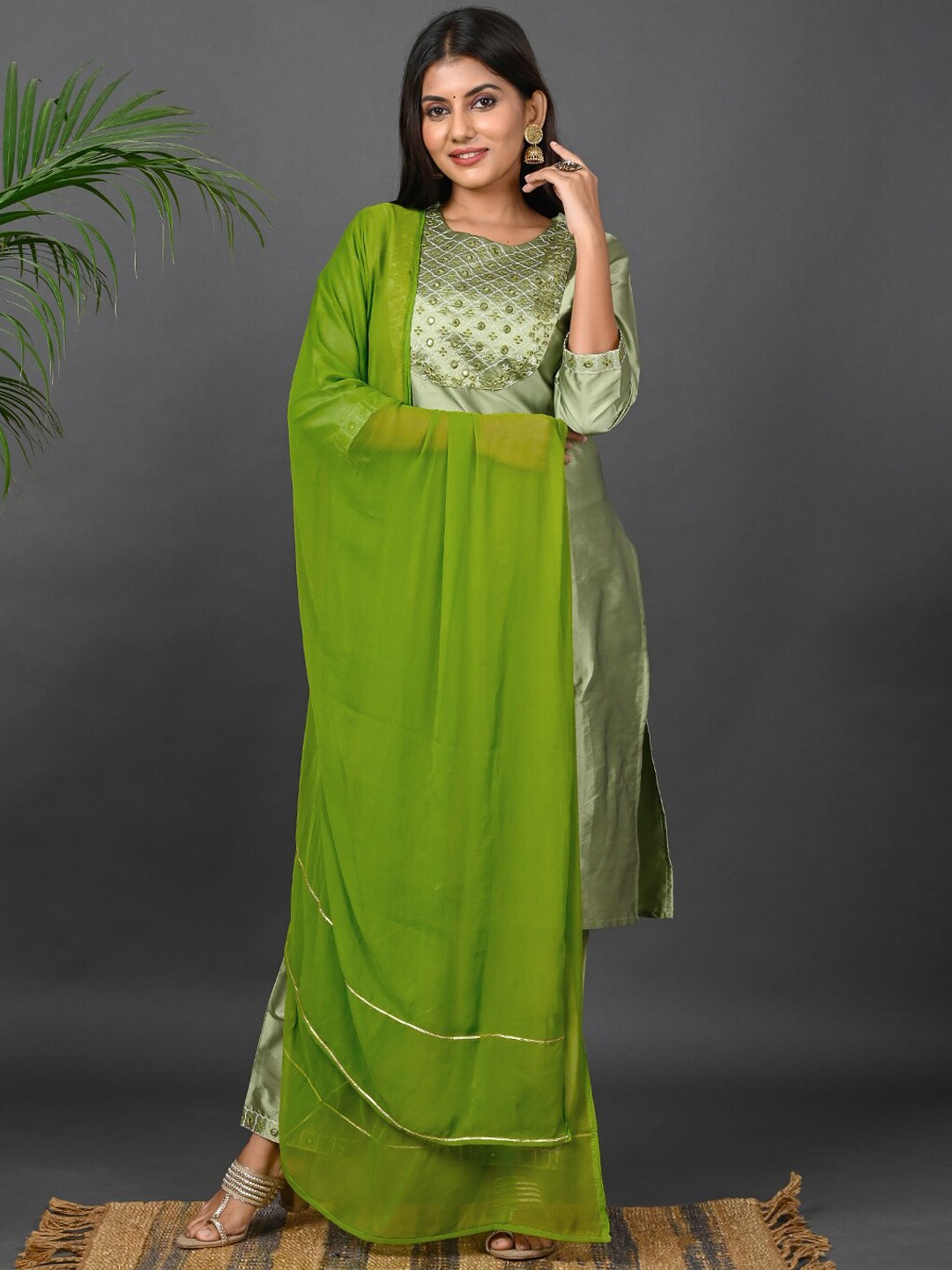 

Riara Women Yoke Design Mirror Work Kurta With Trousers & Dupatta, Green