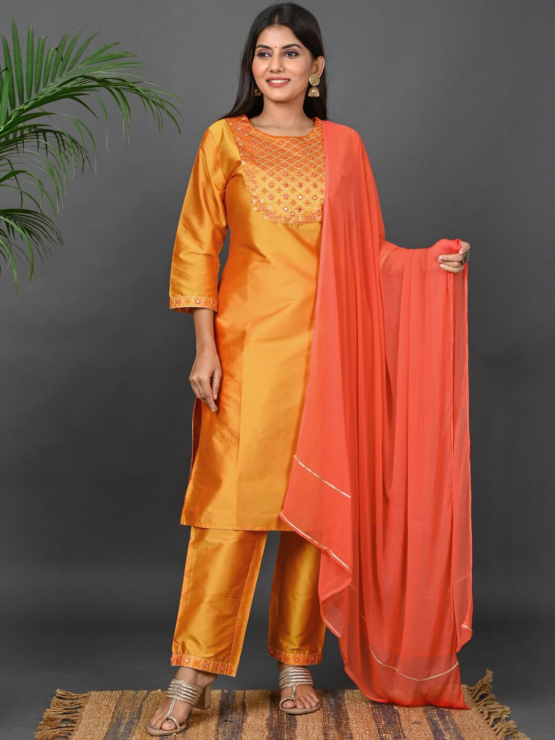 

Riara Women Embroidered Mirror Work Kurta With Trousers & Dupatta, Yellow