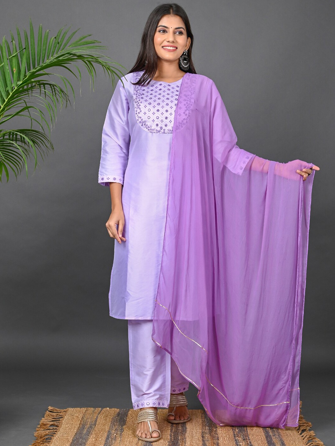 

Riara Women Mirror Work Kurta with Trousers & With Dupatta, Lavender