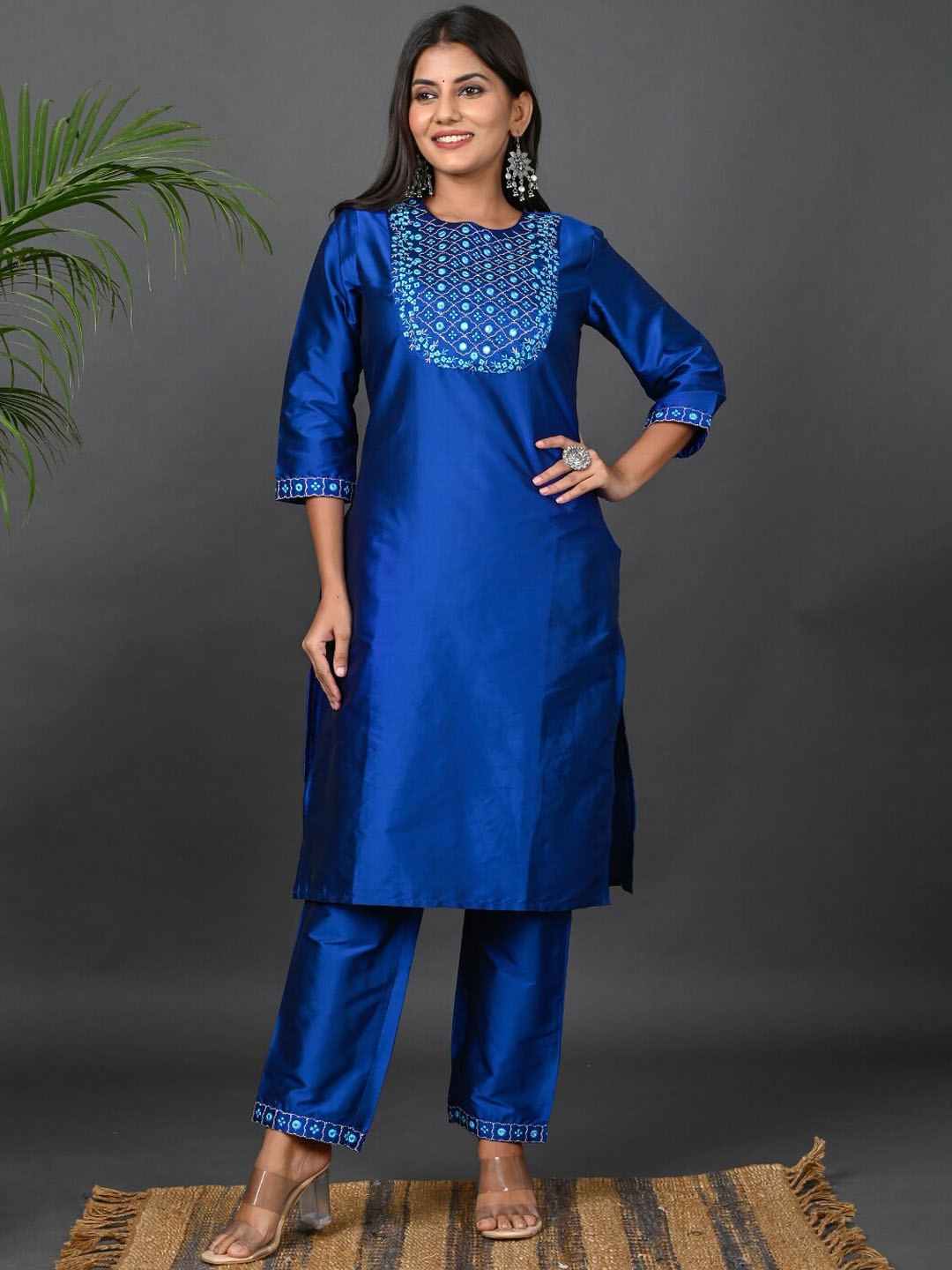 

Riara Women Ethnic Motifs Embroidered Mirror Work Kurta With Trousers & Dupatta, Blue