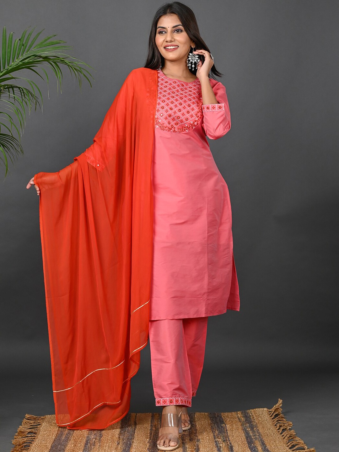 Riara Ethnic Motifs Embroidered Mirror Work Art Silk Kurta with Trousers & With Dupatta, Red