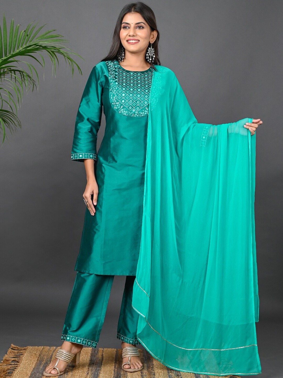 

Riara Women Embroidered Mirror Work Kurta with Trousers & Dupatta, Teal