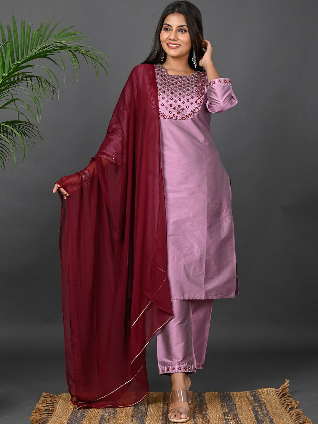

Riara Women Mirror Work Kurta with Pyjamas & With Dupatta, Pink