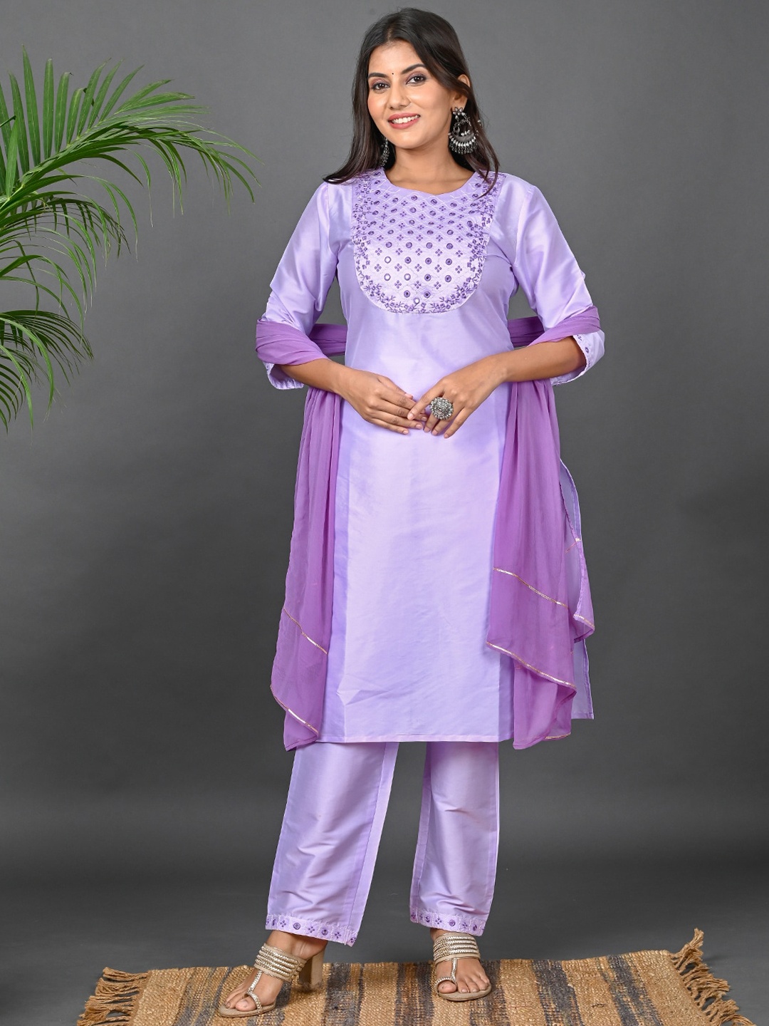 

Riara Women Floral Embroidered Mirror Work Kurta with Trousers & Dupatta, Lavender