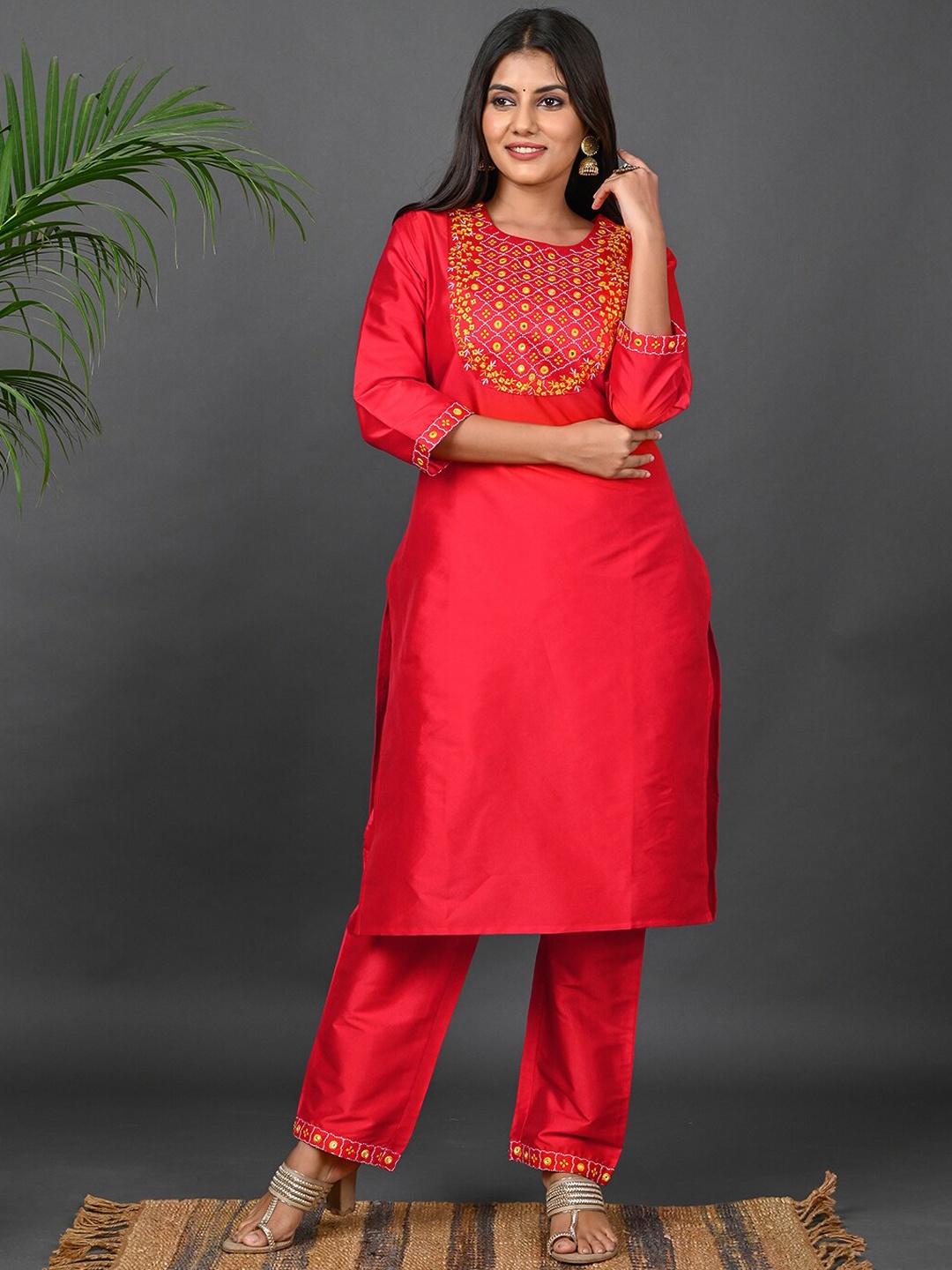 Riara Women Embroidered Mirror Work Kurta with Trousers & With Dupatta, Red