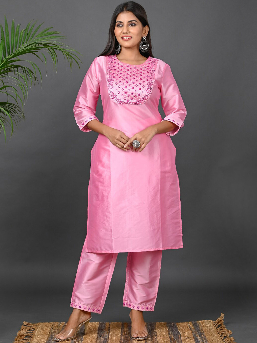 

Riara Women Embroidered Mirror Work Kurta with Pyjamas & Dupatta, Pink