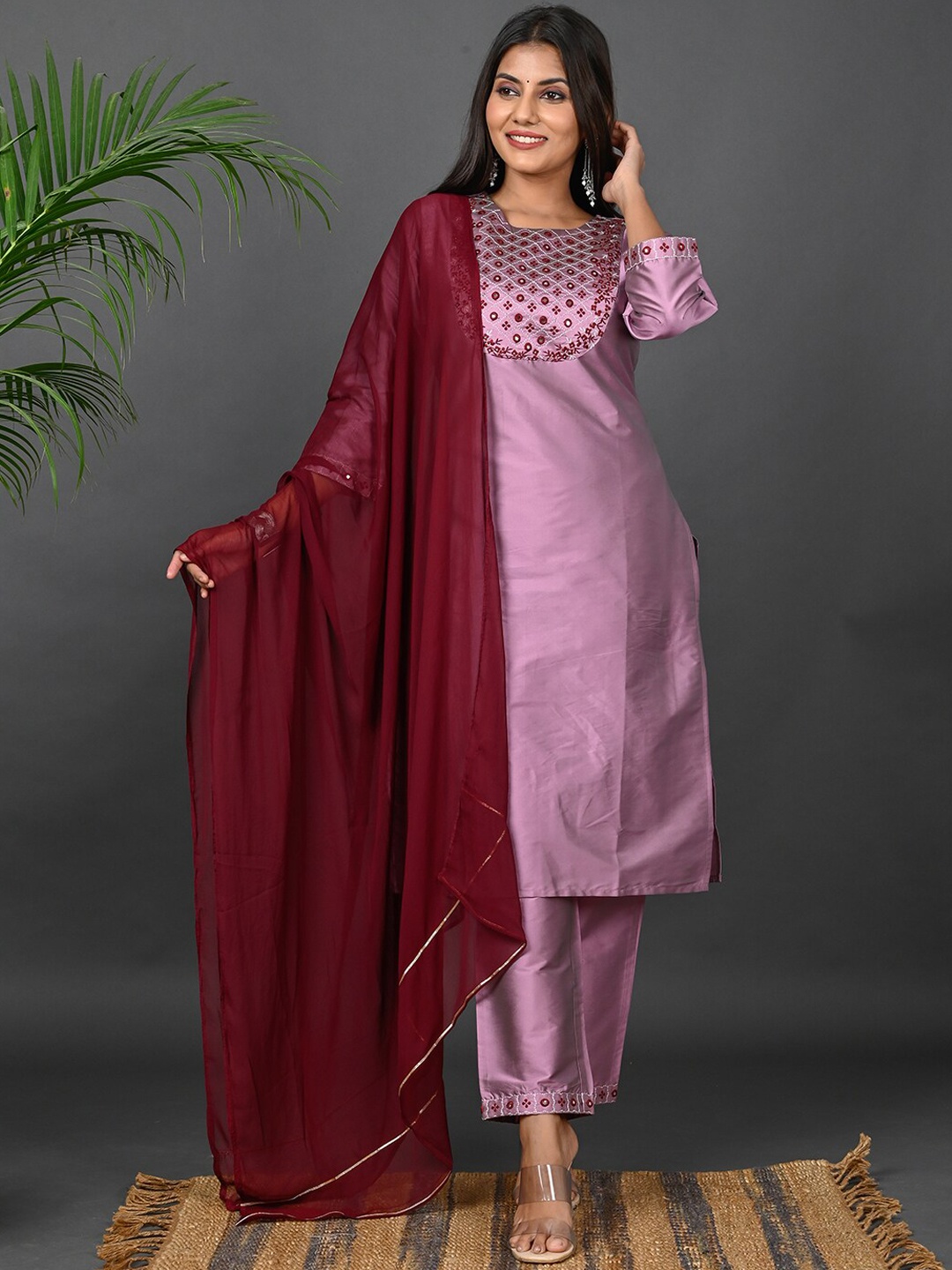 

Riara Women Embroidered Mirror Work Kurta with Trousers & With Dupatta, Pink