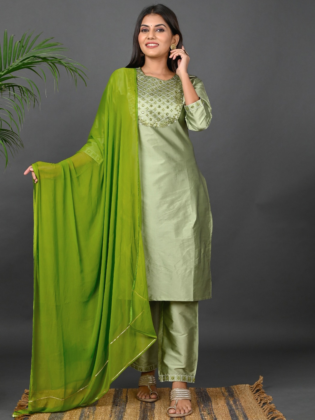 

Riara Women Embroidered Mirror Work Kurta With Trousers & Dupatta, Green