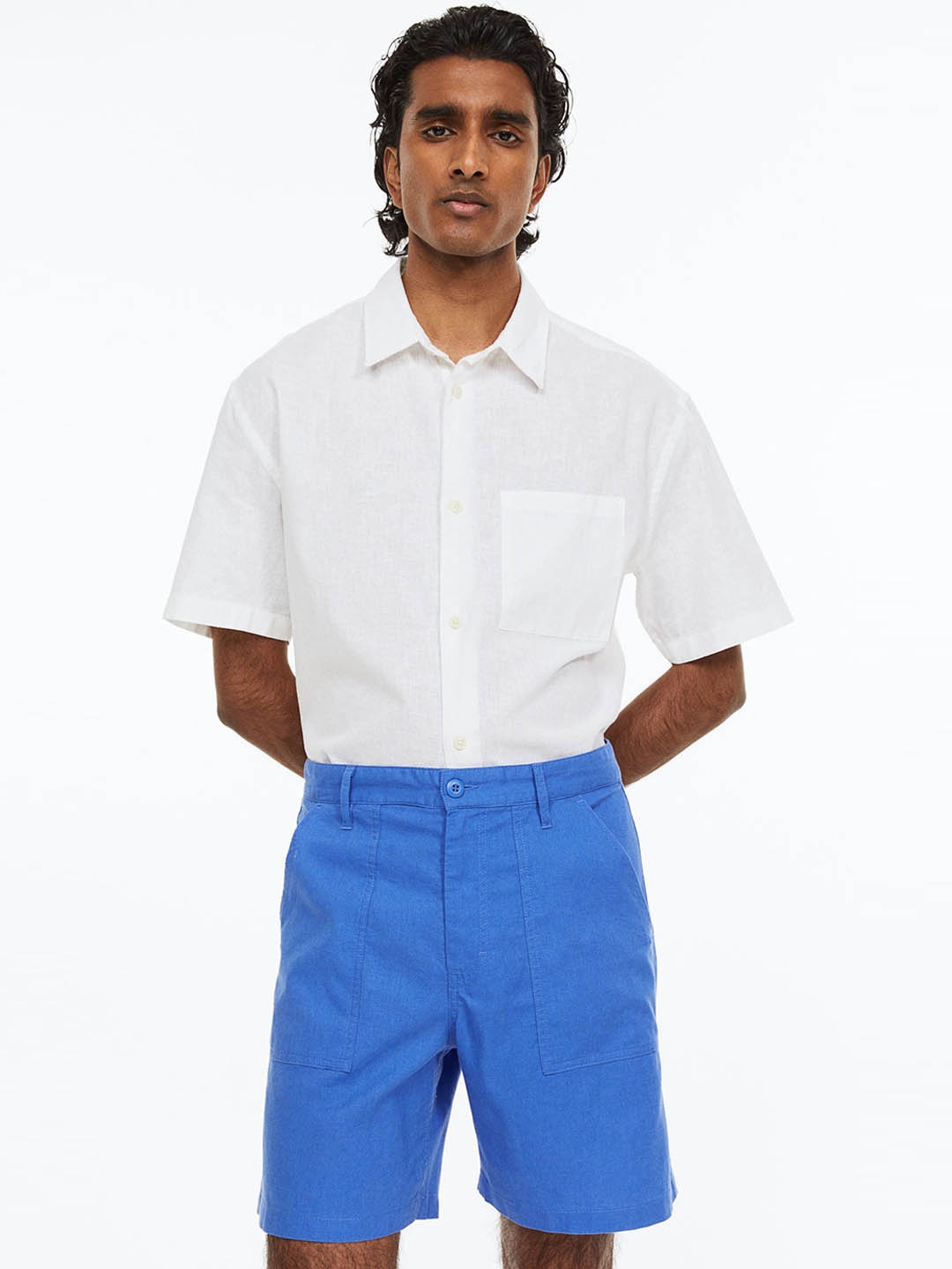 

H&M Men Relaxed Fit Linen-Blend Shorts, Blue