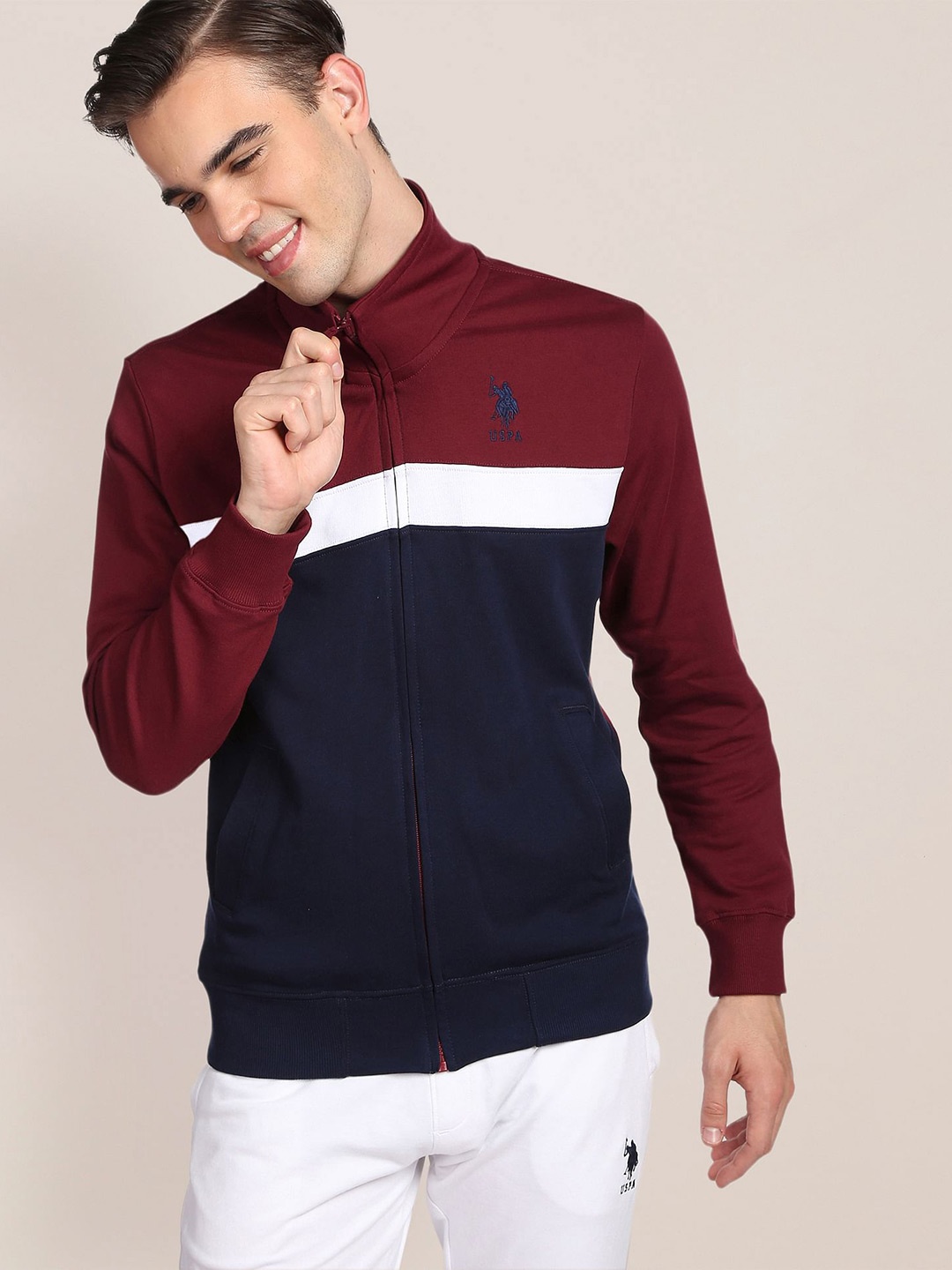 

U.S. Polo Assn. Men Colourblocked Cotton Sweatshirt, Maroon