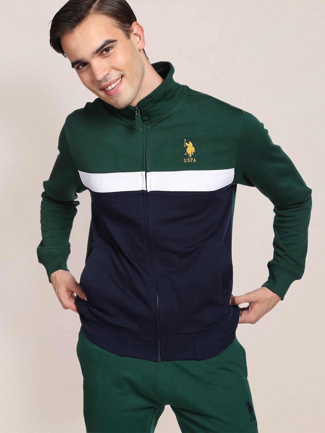 

U S Polo Assn Men Colourblocked Cotton Sweatshirt, Green