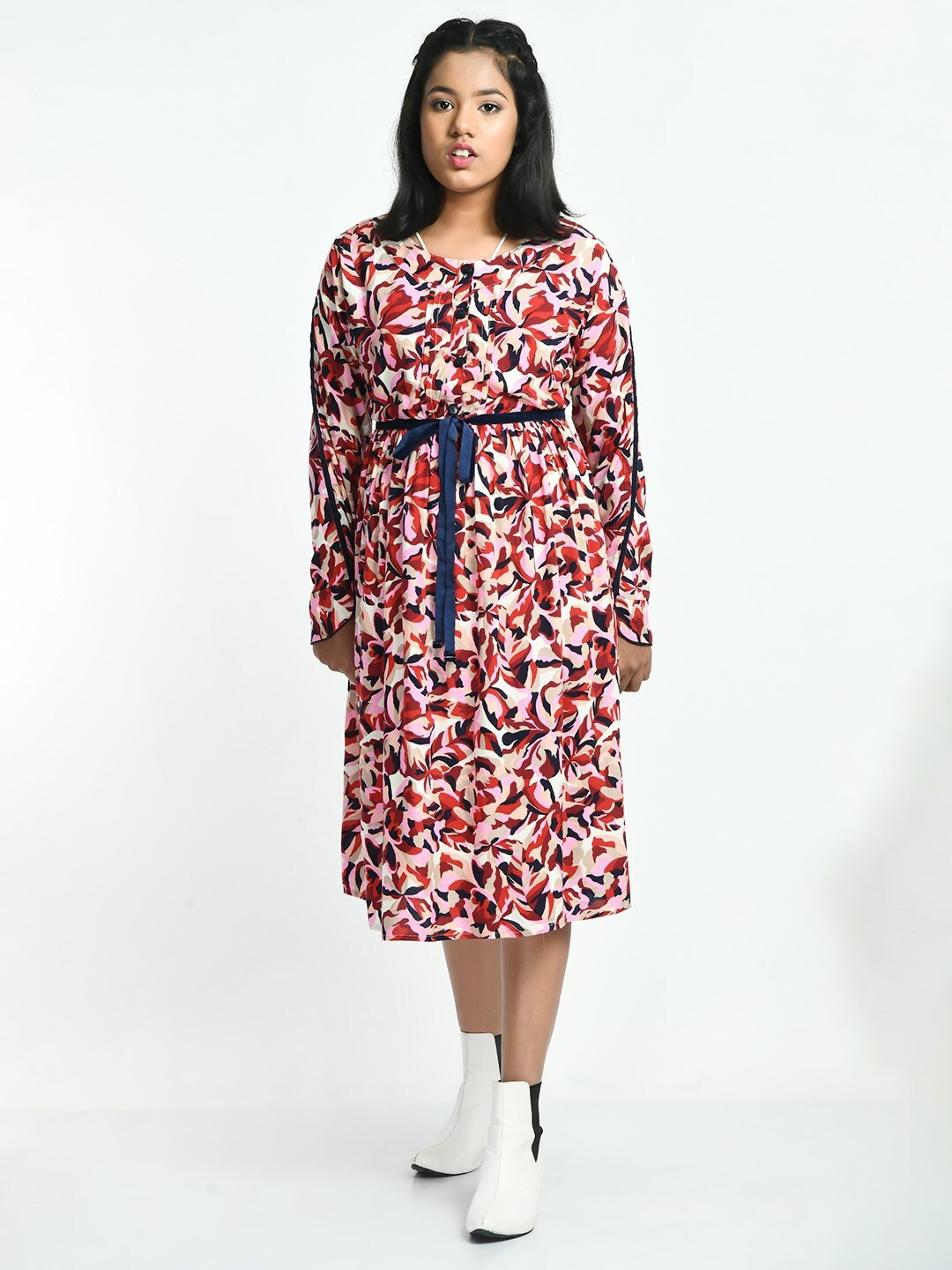 

Bella Moda Floral Printed Round Neck A-Line Cotton Midi Dress, Red
