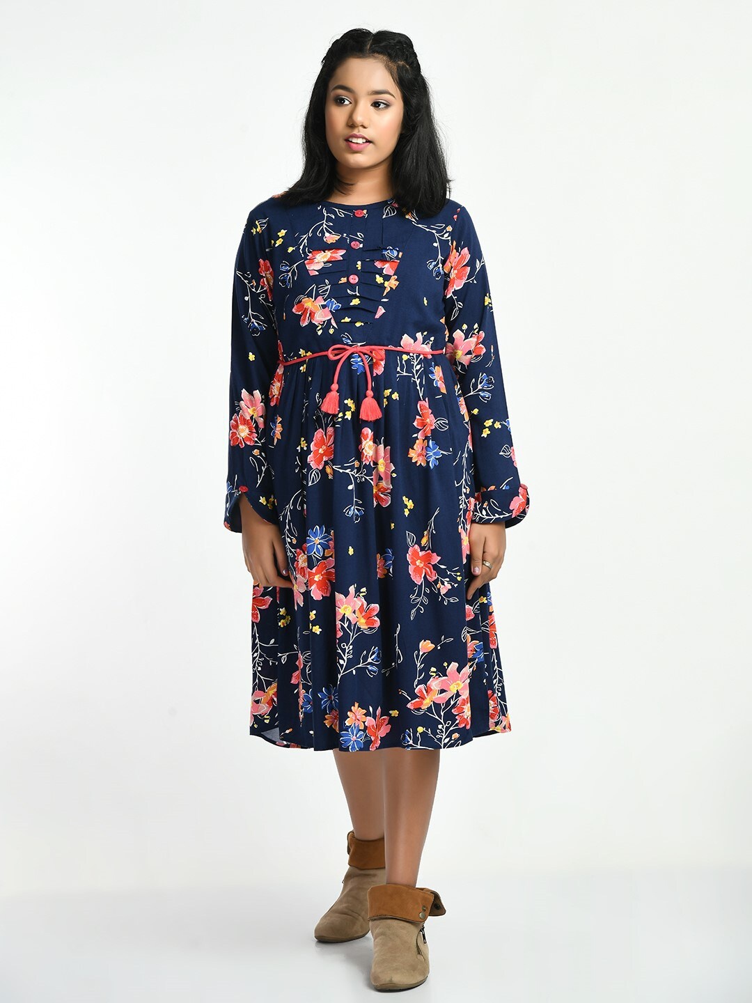 

Bella Moda Girls Floral Midi Pure Cotton Dress, Navy blue
