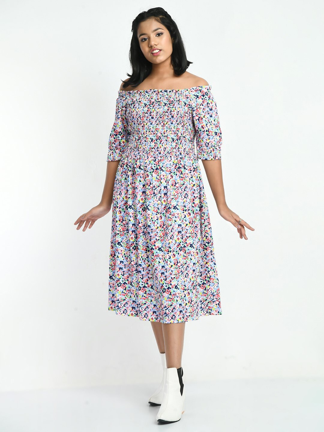 

Bella Moda Floral Printed Off-Shoulder Midi Cotton Dress, Yellow