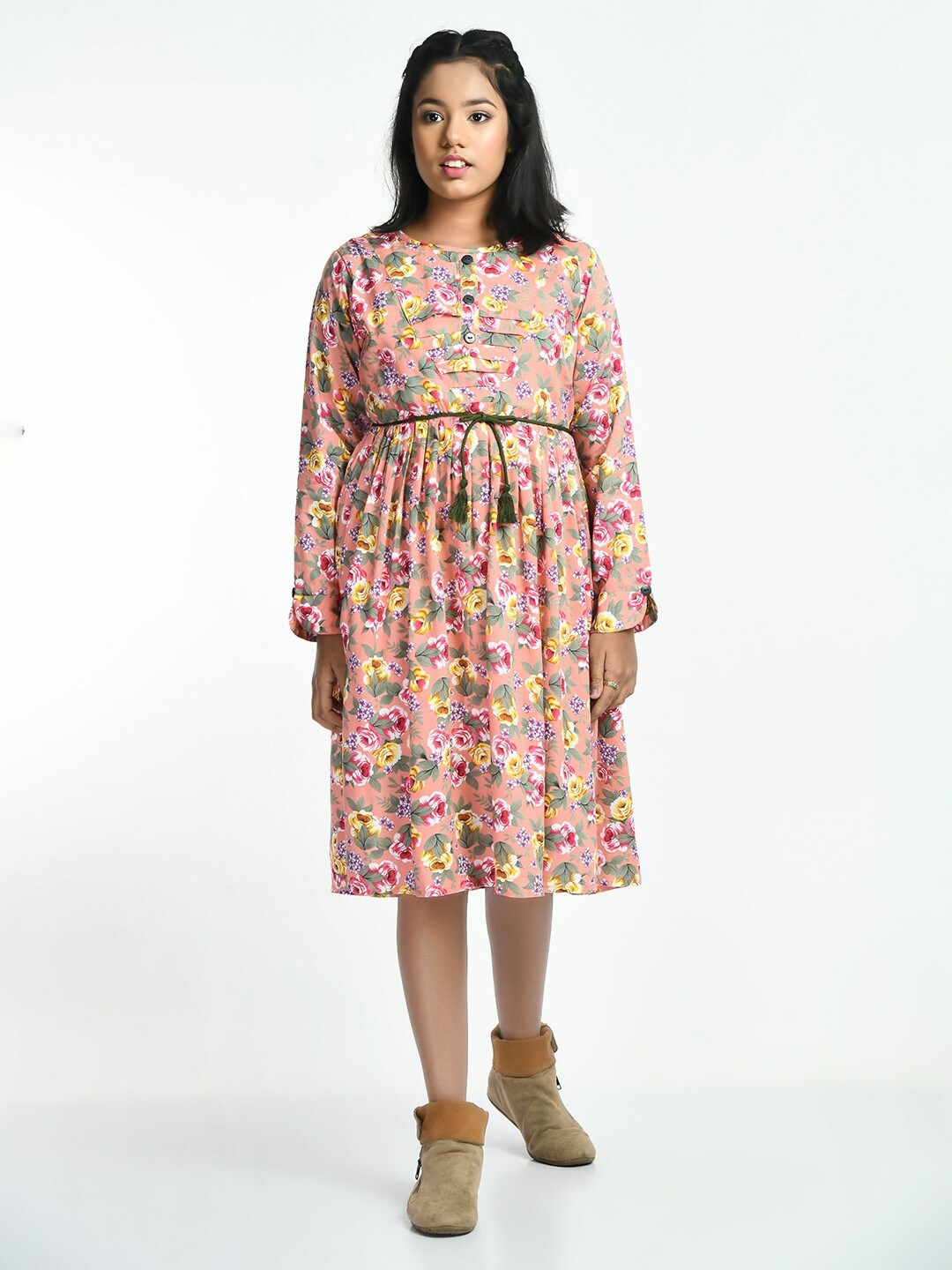 

Bella Moda Girls Round Neck Floral Pure Cotton Dress, Pink