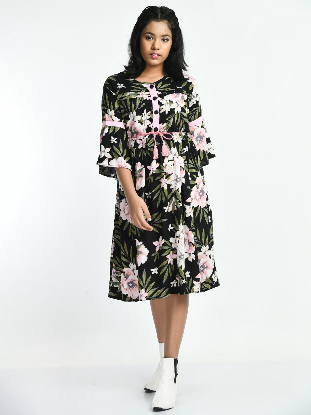 

Bella Moda Girls Floral A-Line Cotton Dress, Black