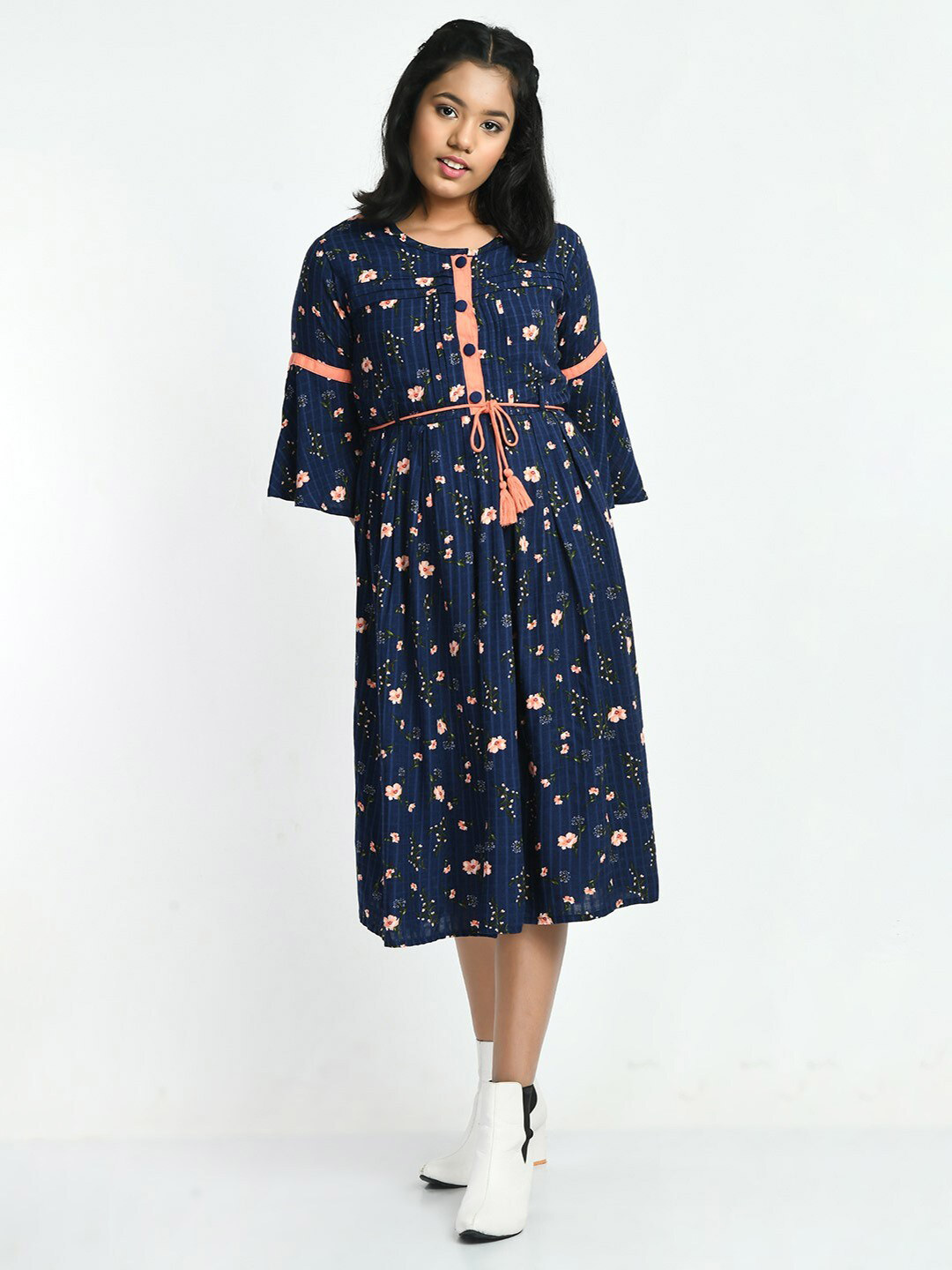 

Bella Moda Girls Floral Midi Pure Cotton Dress, Navy blue