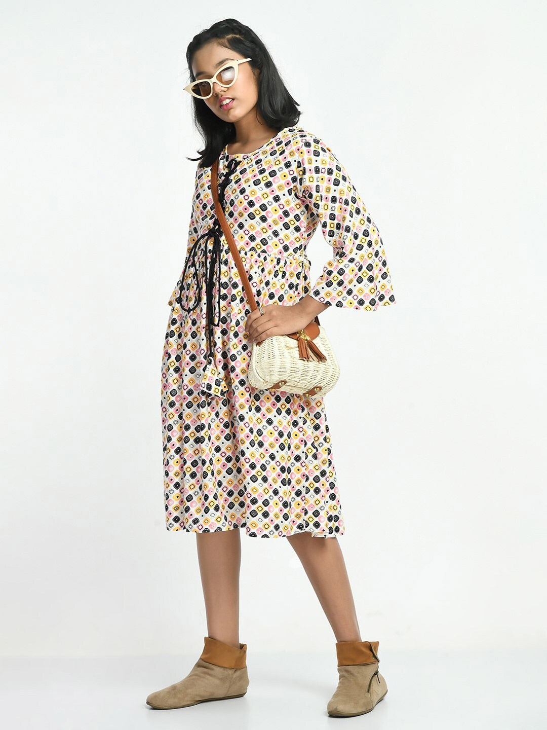 

Bella Moda Girls Geometric Printed A-Line Midi Pure Cotton Dress, Cream