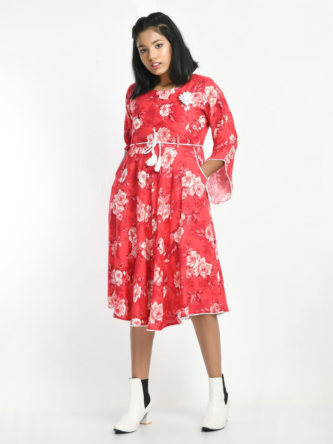 

Bella Moda Girls Floral Midi Printed Pure Cotton Dress, Red