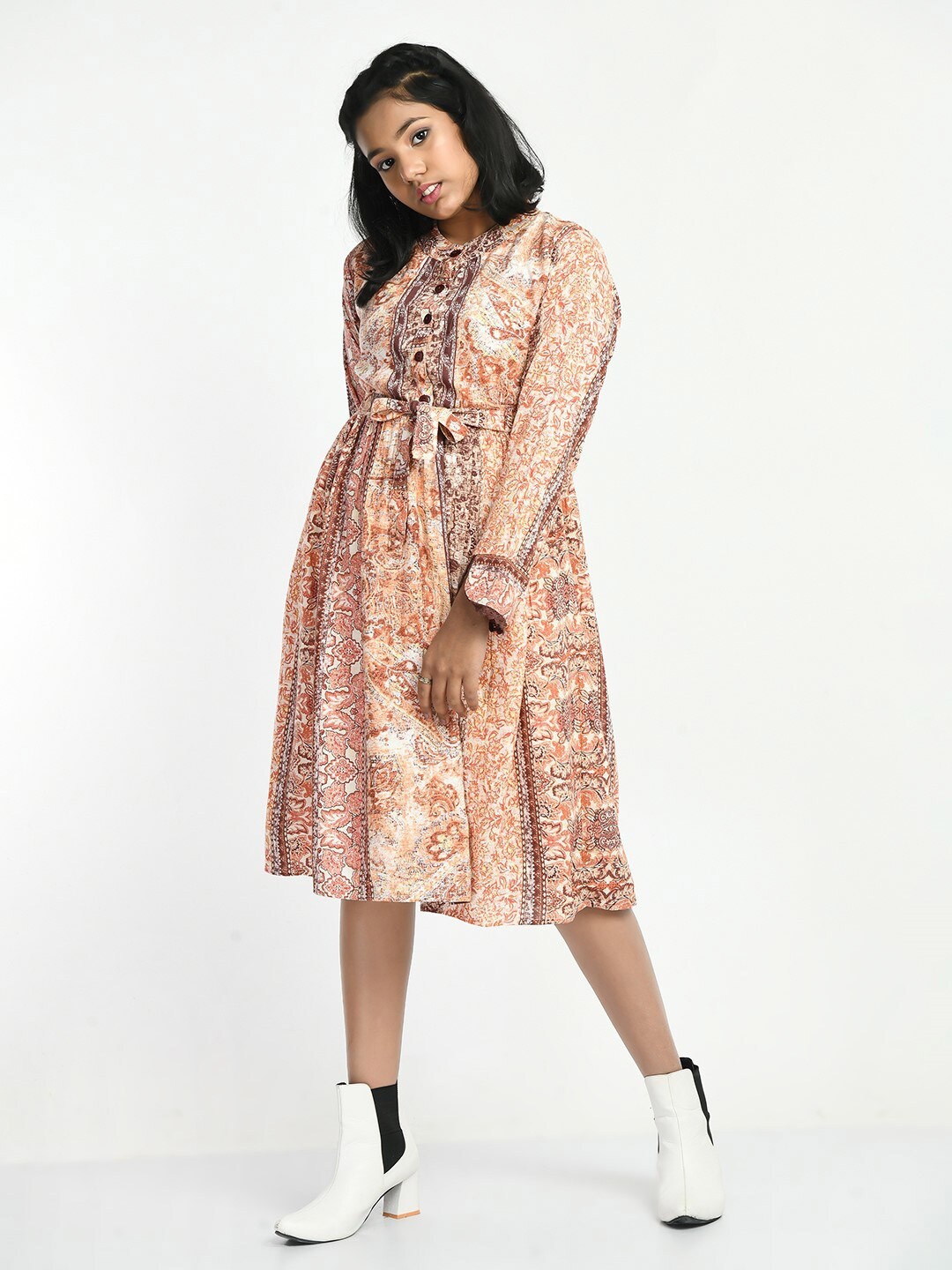 

Bella Moda Girls Abstract Printed Pure Cotton Empire Dress, Brown